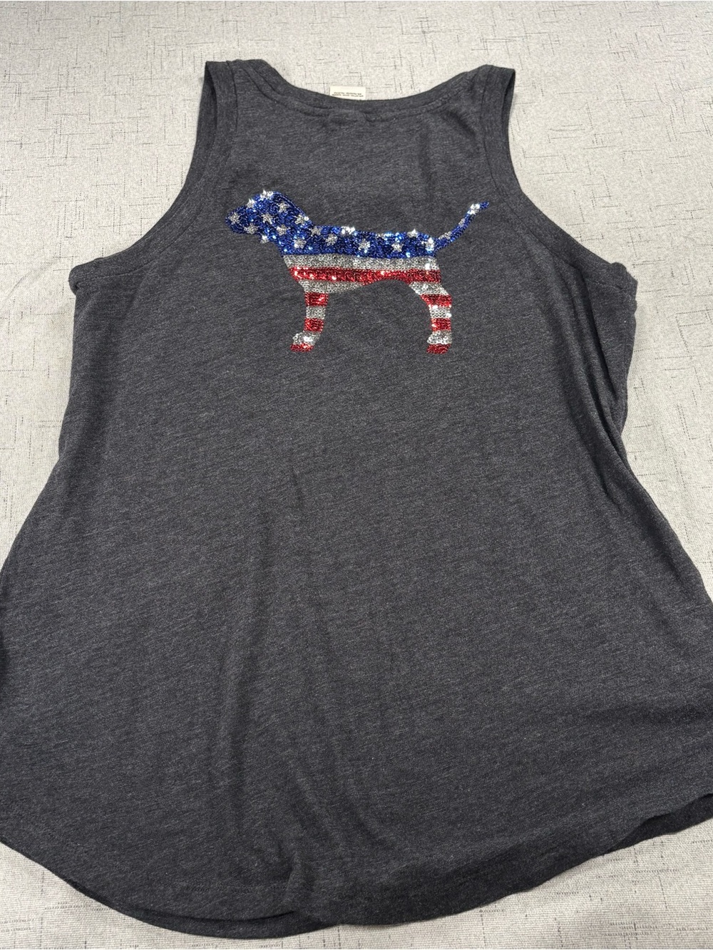 VS PINK Sequin Flag Dog Graphic Tank Top - Charcoal